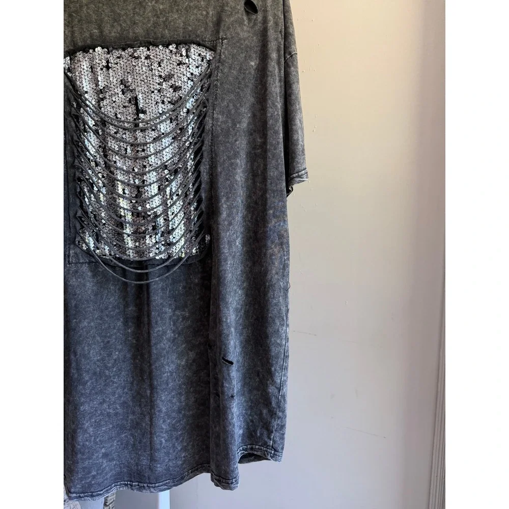 T-Shirt Dress Womens OS Charcoal Good Acid Wash Sequin Distressed Edgy